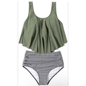 OMKAGI Womens Ruffle Tankini‎ Swimsuit High Waist Striped Bottoms Swimwear XXL